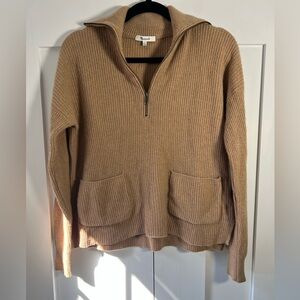 Madewell Merino Wool Half Zip Sweater Camel Neutral Pockets Size S